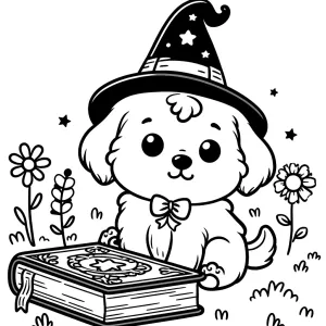 Puppy Wizard Sitting Next To Spellbook