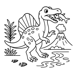 Spinosaurus With Fish And Volcano