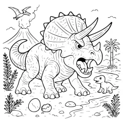 Triceratops Roaring With Baby And Volcano
