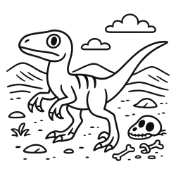 Velociraptor With Skull And Mountains
