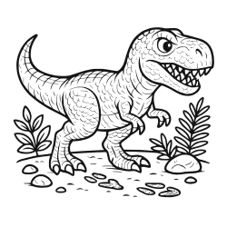 Roaring T Rex With Footprints And Fern
